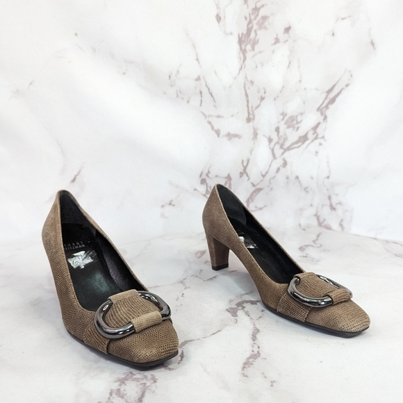 Stuart Weitzman 6.5 M Block Heel Pumps Women Tan Square Toe Buckle Snakeskin - Picture 2 of 11